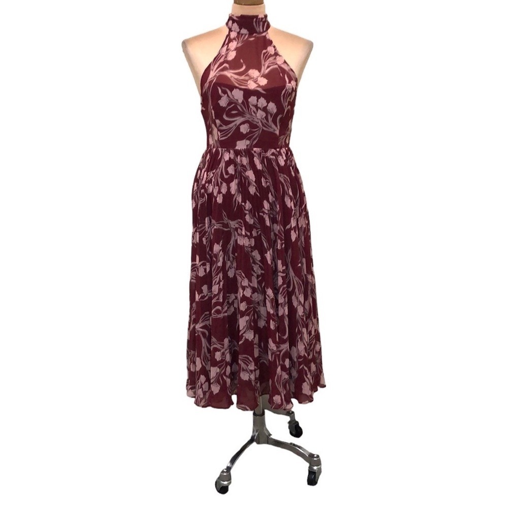 Fame and Partners Zora Midi Dress Size 6 Burgundy Red Floral Halter Neck Bow